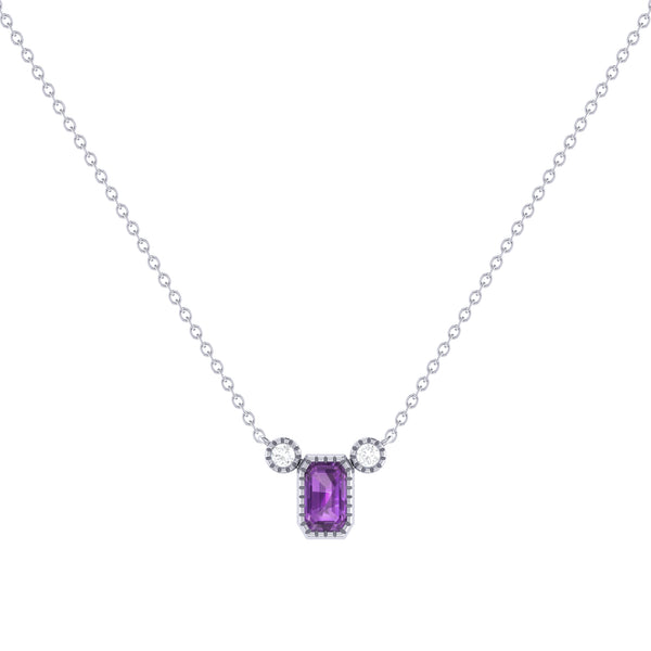 LuvMyJewelry Emerald Cut Amethyst & Diamond Birthstone Necklace In 14K White Gold