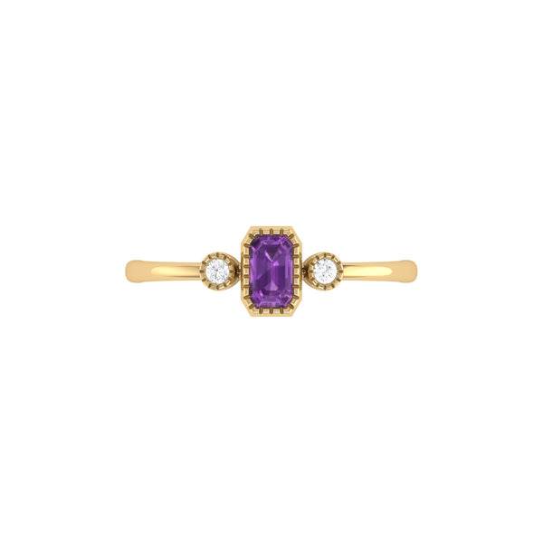 LuvMyJewelry Emerald Cut Amethyst & Diamond Birthstone Ring In 14K Yellow Gold