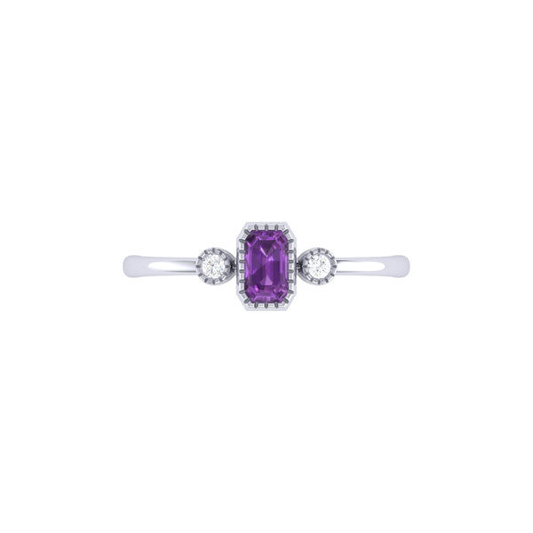LuvMyJewelry Emerald Cut Amethyst & Diamond Birthstone Ring In 14K White Gold