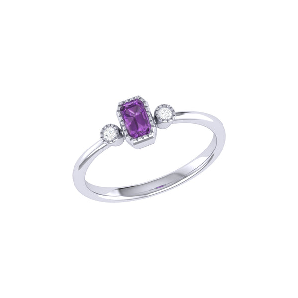 LuvMyJewelry Emerald Cut Amethyst & Diamond Birthstone Ring in 14K White Gold