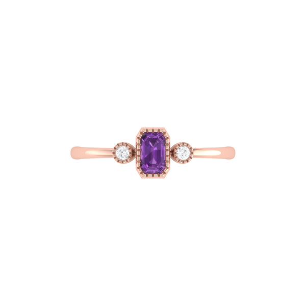 LuvMyJewelry Emerald Cut Amethyst & Diamond Birthstone Ring In 14K Rose Gold
