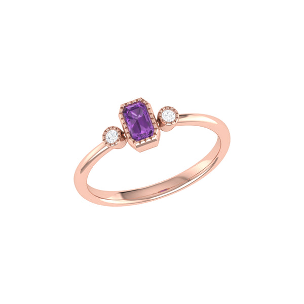 LuvMyJewelry Emerald Cut Amethyst & Diamond Birthstone Ring in 14K Rose Gold