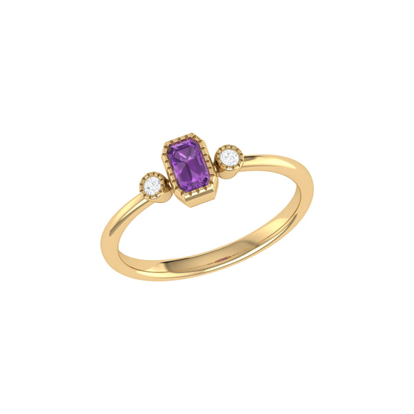LuvMyJewelry Emerald Cut Amethyst & Diamond Birthstone Ring in 14K Yellow Gold