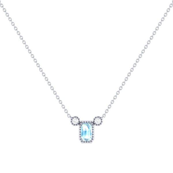 LuvMyJewelry Emerald Cut Aquamarine & Diamond Birthstone Necklace In 14K White Gold