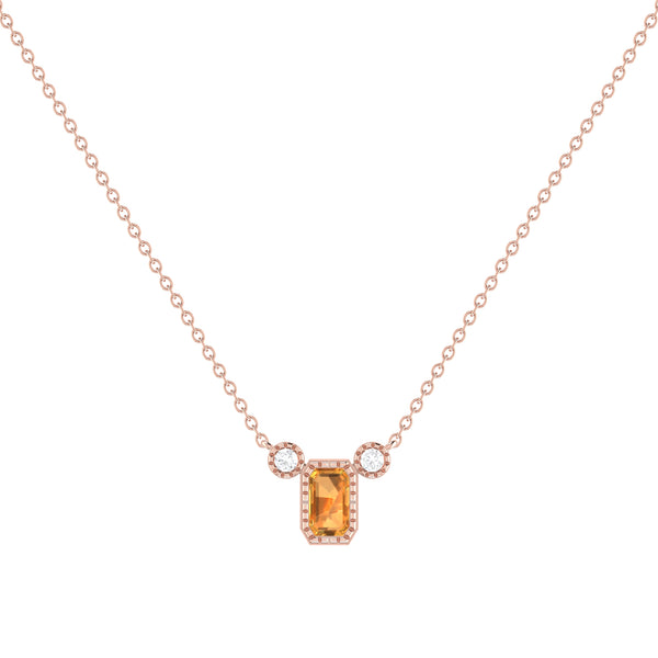 LuvMyJewelry Emerald Cut Citrine & Diamond Birthstone Necklace In 14K Rose Gold