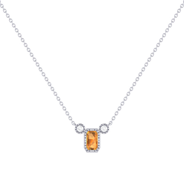 LuvMyJewelry Emerald Cut Citrine & Diamond Birthstone Necklace In 14K White Gold