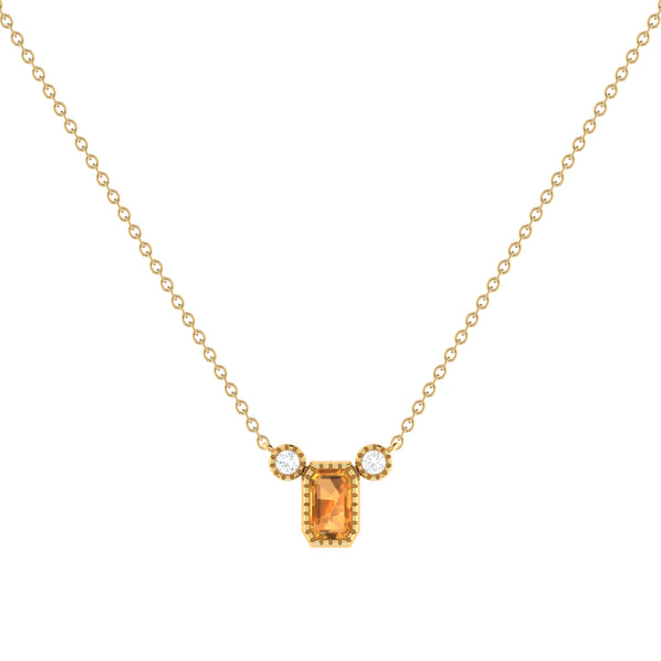 LuvMyJewelry Emerald Cut Citrine & Diamond Birthstone Necklace In 14K Yellow Gold