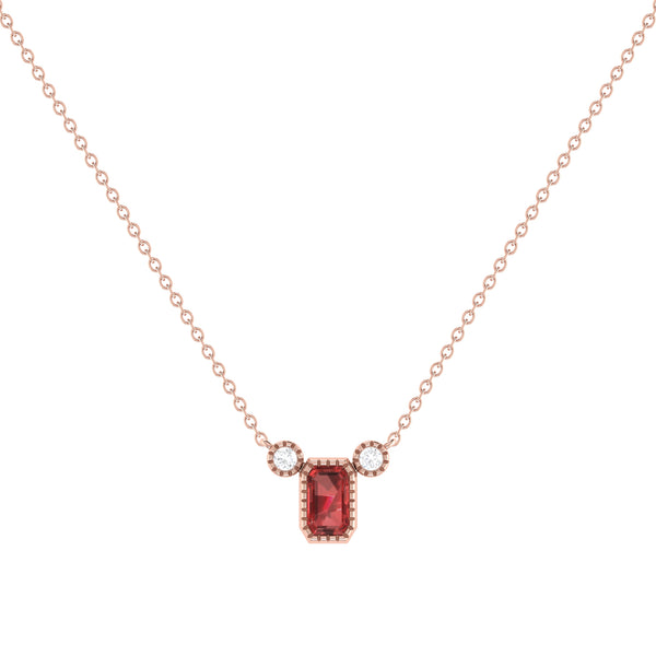 LuvMyJewelry Emerald Cut Garnet & Diamond Birthstone Necklace In 14K Rose Gold