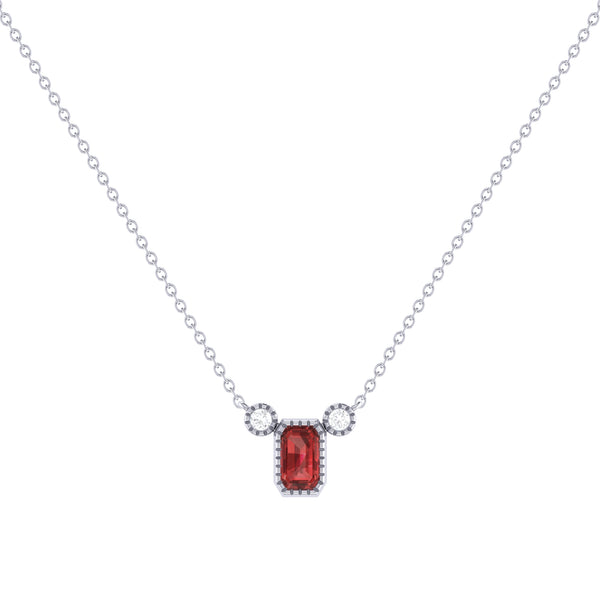 LuvMyJewelry Emerald Cut Garnet & Diamond Birthstone Necklace In 14K White Gold