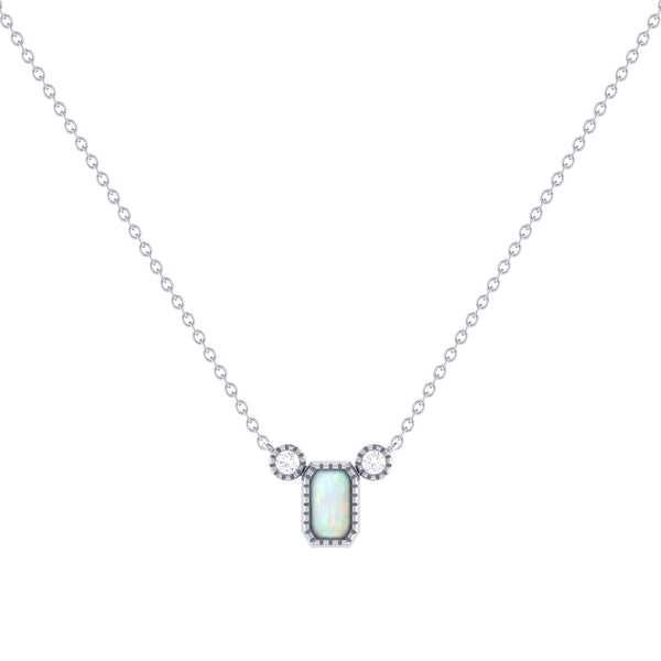 LuvMyJewelry Emerald Cut Opal & Diamond Birthstone Necklace In 14K White Gold