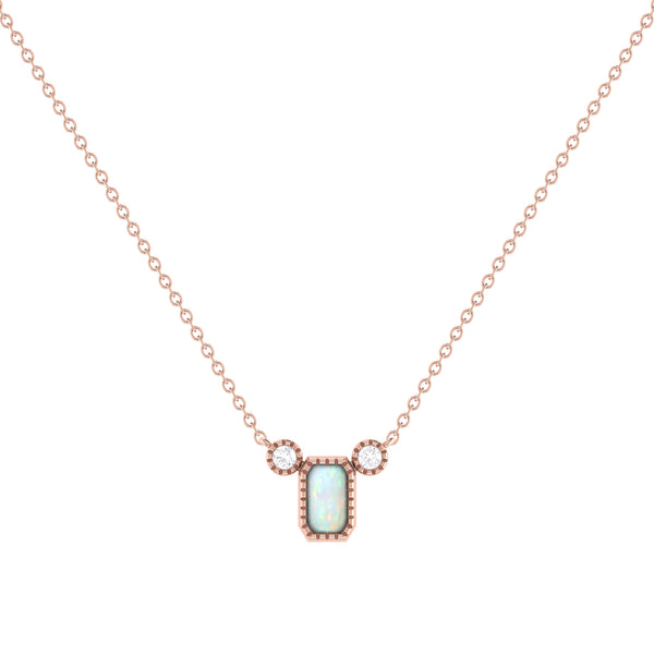 LuvMyJewelry Emerald Cut Opal & Diamond Birthstone Necklace In 14K Rose Gold