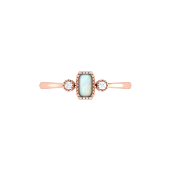 LuvMyJewelry Emerald Cut Opal & Diamond Birthstone Ring In 14K Rose Gold