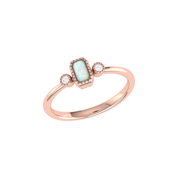 LuvMyJewelry Emerald Cut Opal & Diamond Birthstone Ring In 14K Rose Gold