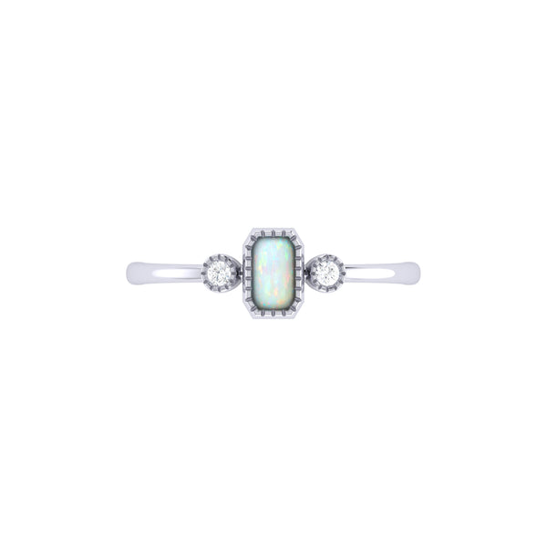 LuvMyJewelry Emerald Cut Opal & Diamond Birthstone Ring In 14K White Gold