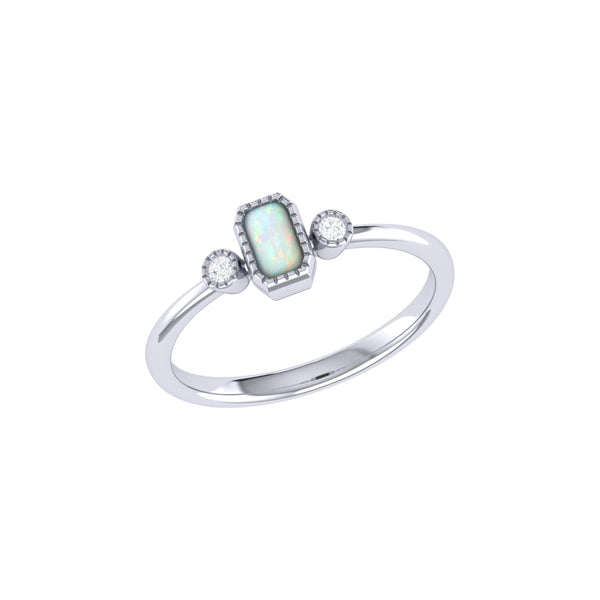 LuvMyJewelry Emerald Cut Opal & Diamond Birthstone Ring In 14K White Gold