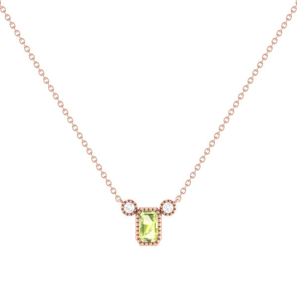 LuvMyJewelry Emerald Cut Peridot & Diamond Birthstone Necklace In 14K Rose Gold