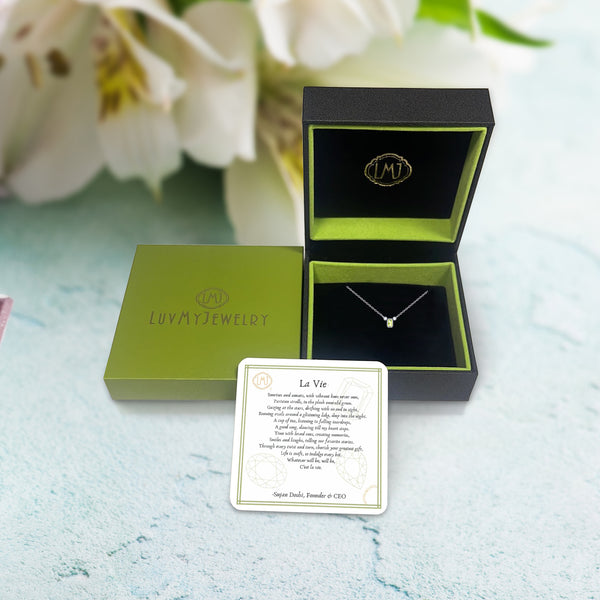 LuvMyJewelry Emerald Cut Peridot & Diamond Birthstone Necklace In 14K White Gold