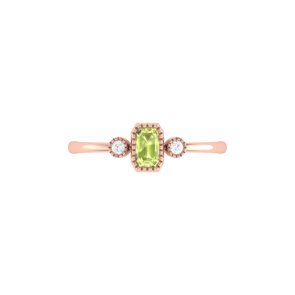 LuvMyJewelry Emerald Cut Peridot & Diamond Birthstone Ring In 14K Rose Gold