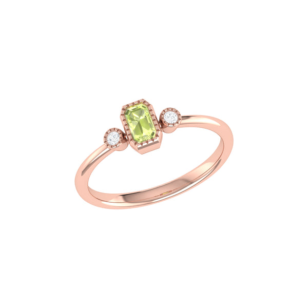 LuvMyJewelry Emerald Cut Peridot & Diamond Birthstone Ring In 14K Rose Gold