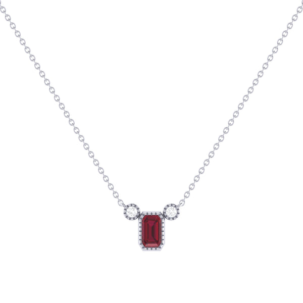 LuvMyJewelry Emerald Cut Ruby & Diamond Birthstone Necklace In 14K White Gold
