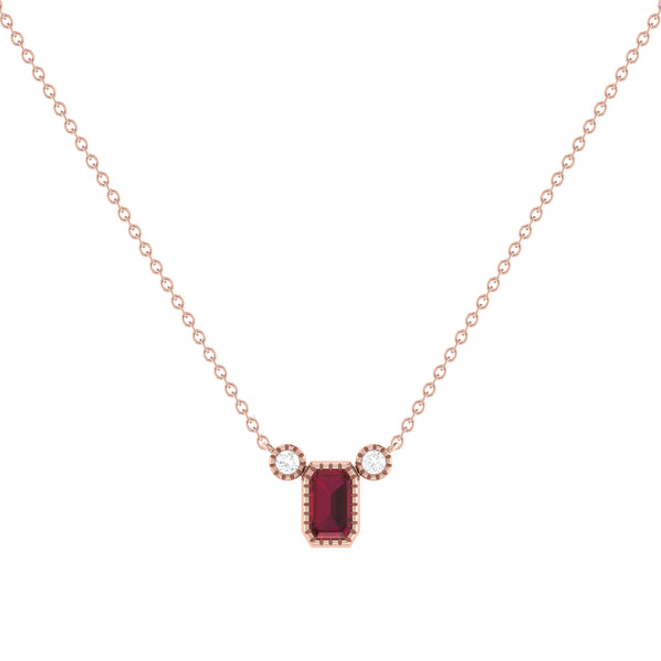 LuvMyJewelry Emerald Cut Ruby & Diamond Birthstone Necklace In 14K Rose Gold