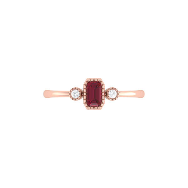 LuvMyJewelry Emerald Cut Ruby & Diamond Birthstone Ring In 14K Rose Gold