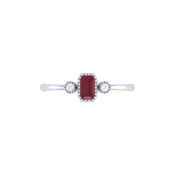 LuvMyJewelry Emerald Cut Ruby & Diamond Birthstone Ring In 14K White Gold