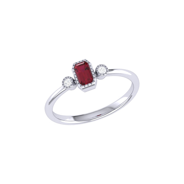 LuvMyJewelry Emerald Cut Ruby & Diamond Birthstone Ring In 14K White Gold