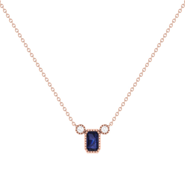 LuvMyJewelry Emerald Cut Sapphire & Diamond Birthstone Necklace In 14K Rose Gold
