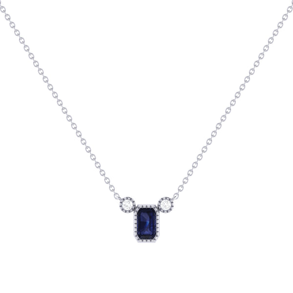 LuvMyJewelry Emerald Cut Sapphire & Diamond Birthstone Necklace In 14K White Gold