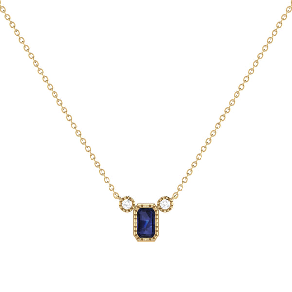 LuvMyJewelry Emerald Cut Sapphire & Diamond Birthstone Necklace In 14K Yellow Gold