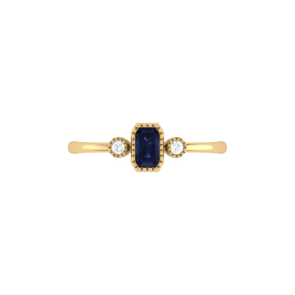 LuvMyJewelry Emerald Cut Sapphire & Diamond Birthstone Ring In 14K Yellow Gold