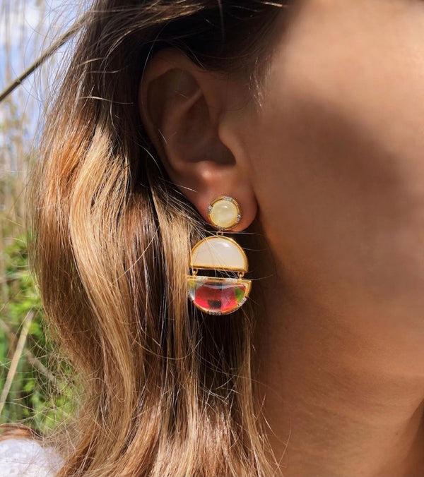 LuvMyJewelry Envy Me Dangle Prehnite & Moonstone Diamond Earrings In 14K Yellow Gold Plated Sterling Silver