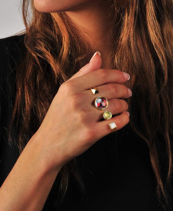 LuvMyJewelry Envy Me Multifinger Prehnite & Moonstone Diamond Open Ring In 14K Yellow Gold Plated Sterling Silver