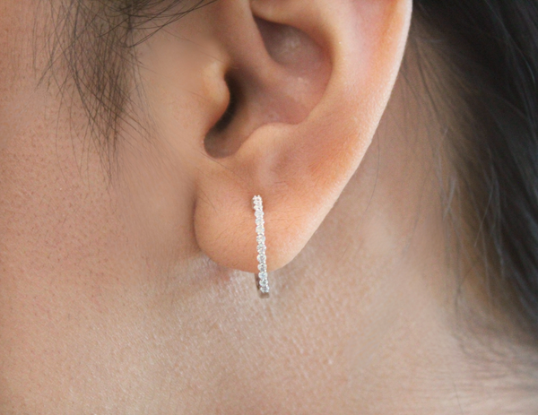 LuvMyJewelry Evangeline Halfway Diamond Set Huggie Hoop Earrings In 14K White Gold