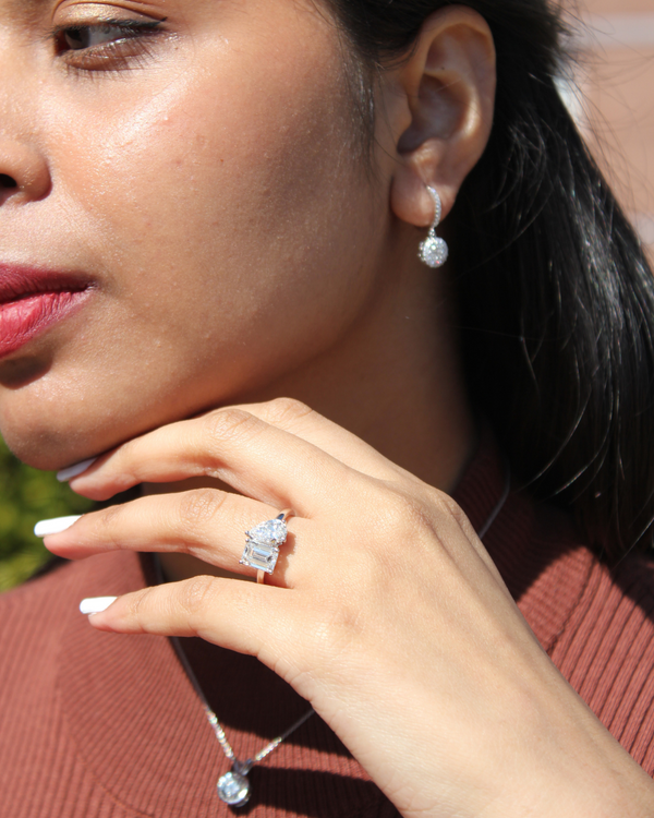 LuvMyJewelry Evermore 14K White Gold Toi Et Moi Emerald And Pear Lab Grown Diamond Ring - 3 Ct