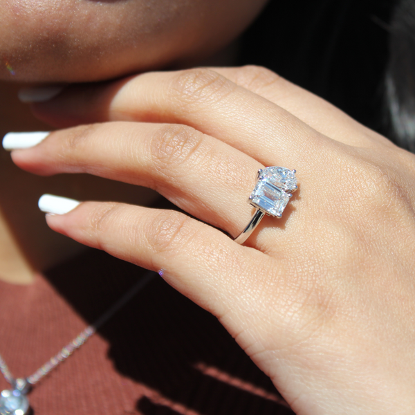 LuvMyJewelry Evermore 14K White Gold Toi Et Moi Emerald And Pear Lab Grown Diamond Ring - 3 Ct