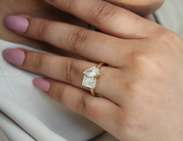 LuvMyJewelry Evermore 14K Yellow Gold Emerald And Pear Cut Diamond Toi Et Moi Ring - 3 Ct