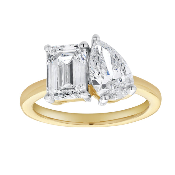 LuvMyJewelry Evermore 14K Yellow Gold Emerald and Pear cut Diamond Toi et Moi Ring - 3 ct