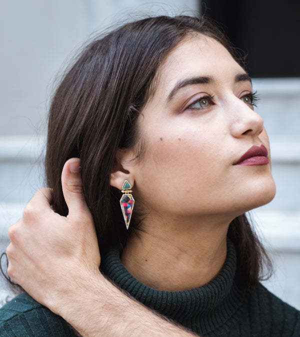 LuvMyJewelry Fearless Turquoise Diamond Earrings In 14K Yellow Gold Plated Sterling Silver