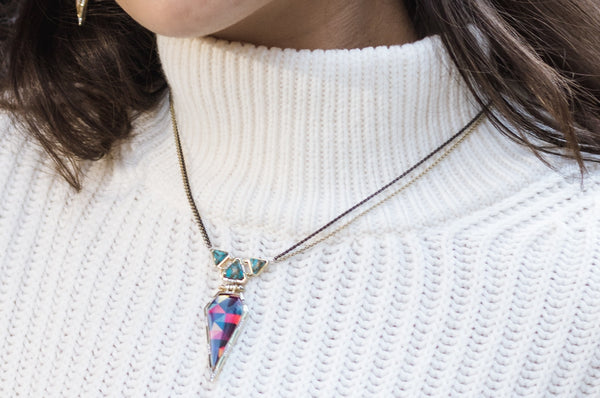 LuvMyJewelry Fearless Turquoise Diamond Necklace In 14K Yellow Gold Plated Sterling Silver