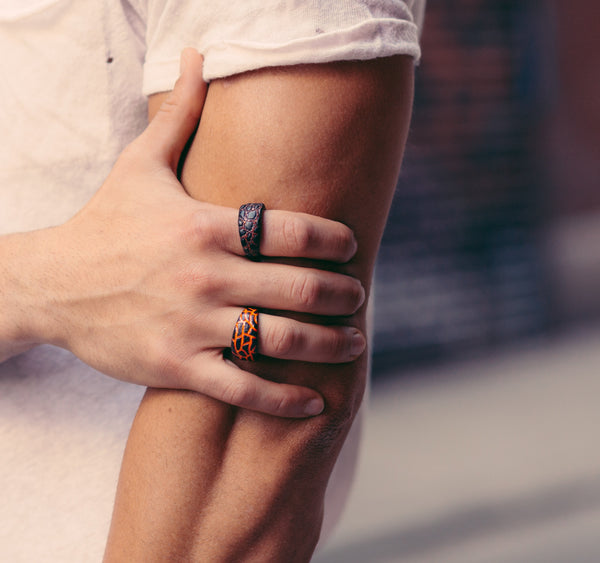 LuvMyJewelry Fiery Ascent Black Rhodium Plated Sterling Silver Textured Band Ring With Garnets