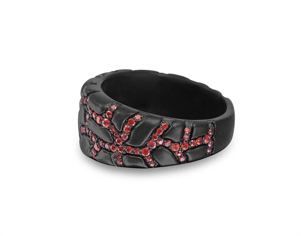 LuvMyJewelry Fiery Ascent Black Rhodium Plated Sterling Silver Textured Band Ring With Garnets
