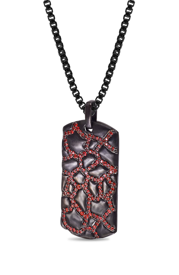 LuvMyJewelry Fiery Ascent Black Rhodium Plated Sterling Silver Textured Tag With Garnets