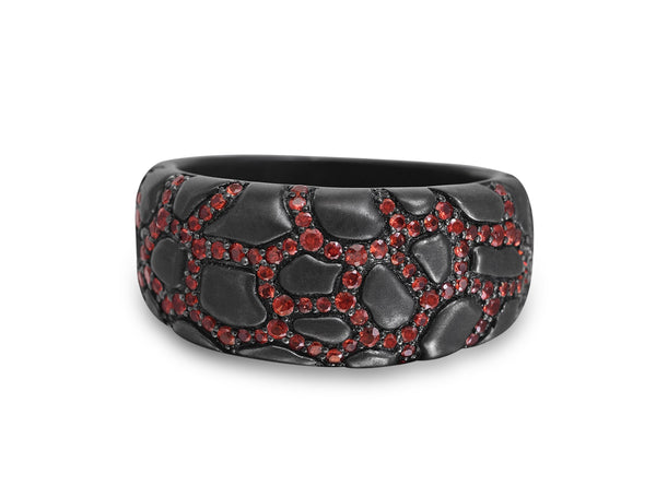LuvMyJewelry Fiery Ascent Black Rhodium Plated Sterling Silver Textured Band Ring with Garnets