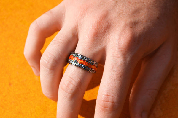LuvMyJewelry Fire In My Soul Black Rhodium Plated Sterling Silver Textured Red Orange Enamel Band Ring