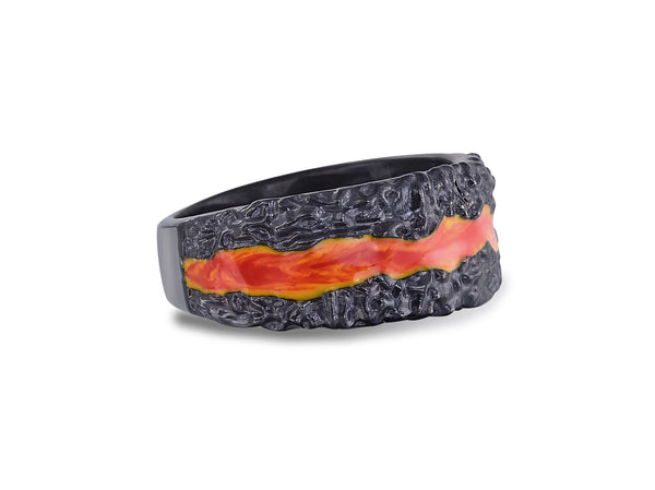LuvMyJewelry Fire In My Soul Black Rhodium Plated Sterling Silver Textured Red Orange Enamel Band Ring