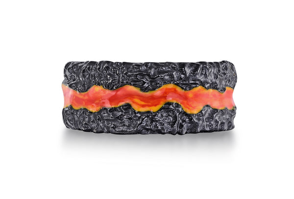 LuvMyJewelry Fire in My Soul Black Rhodium Plated Sterling Silver Textured Red Orange Enamel Band Ring