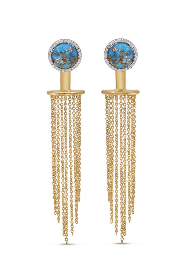 LuvMyJewelry Floating Rays Half Sun Turquoise Detachable Diamond Earrings In 14K Yellow Gold Plated Sterling Silver