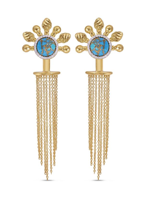 LuvMyJewelry Floating Rays Half Sun Turquoise Detachable Diamond Earrings in 14K Yellow Gold Plated Sterling Silver